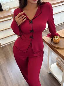 SHEIN 女士针织纹理休闲蝴蝶结装饰睡衣套装，舒适优雅的家居服，秋季款 - 酒紅色 - 查看 3