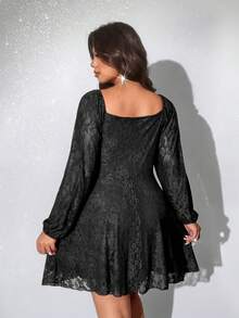 Viva Relle Vestido corto de manga larga con cuello cuadrado, cintura fruncida y tela de encaje elástica, adecuado para fiesta, banquete, vacaciones y citas, para mujeres de talla grande en primavera/otoño - Negro - Ver 3