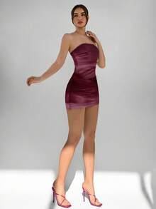 Aloruh 休闲优雅性感抽象图案紫红色性感全印花无肩带修身休闲夏季连衣裙，适合夏季、度假、派对穿着 - 彩色 - 查看 3