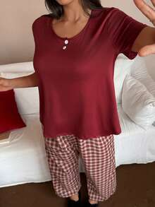 SHEIN Plus Size Women Casual Cute Colorblock Homewear 2 Piece Set - Burgundy - View 6