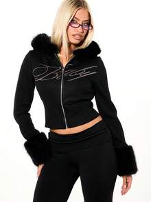 SUMWON WOMEN Cropped Rhinestone Embellished Full Zip Hoodie With Luxurious Faux Fur Hood And Cuffs Fall Winter Sweatshirt For Valentine - Black - View 1