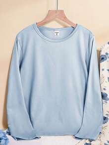 SHEIN Genkimix Kids 少女睡衣套装 - 两件套碎花睡衣，长袖圆领碎花上衣搭配长裤，淡蓝色和米色，四季皆宜，2026年假日必备，舒适轻盈，居家休闲和睡前必备单品 - 藍色 - 查看 4