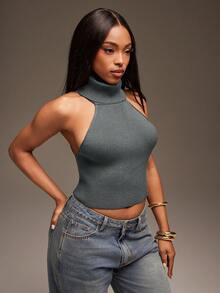Denimoi High Neck Sleeveless O-Ring Sweater Halter Top, Sweater Top, Backless Top, Turtle Neck Sweater - Grey - View 5