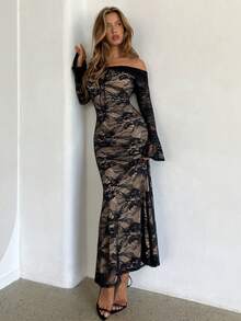 Aloruh Women's Autumn/Winter New Sexy, Charming, Elegant Black Floral Lace Bodycon Off Shoulder Long Sleeve Maxi Dress, Suitable For Party, Date, Holiday - Black - View 4