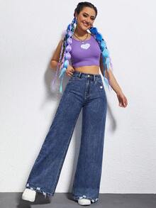 Quần jeans ống rộng rách cá tính thường ngày dành cho nữ - Rửa tối - Xem 4