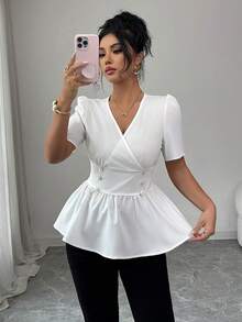SHEIN Elenzya Women's White Waist Cinching Double-Row Pearl Button Short Sleeve Blouse - White - View 3
