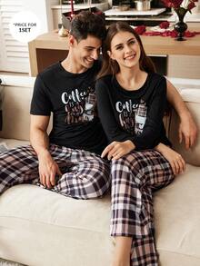 SHEIN 2pcs Men Plaid & Letter Coffee Cup Graphic Print Short Sleeve Pajama Set