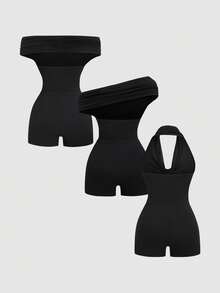 Sweetra 3-Way Wear Bodysuit With Adjustable Straps, Elastic Casual Jumpsuit For Home & Outdoor, Spring/Summer - Black - View 2