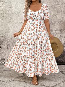 Breezaya Women's Romantic Elegant Floral Print Puff Sleeve Dress - Apricot - View 5