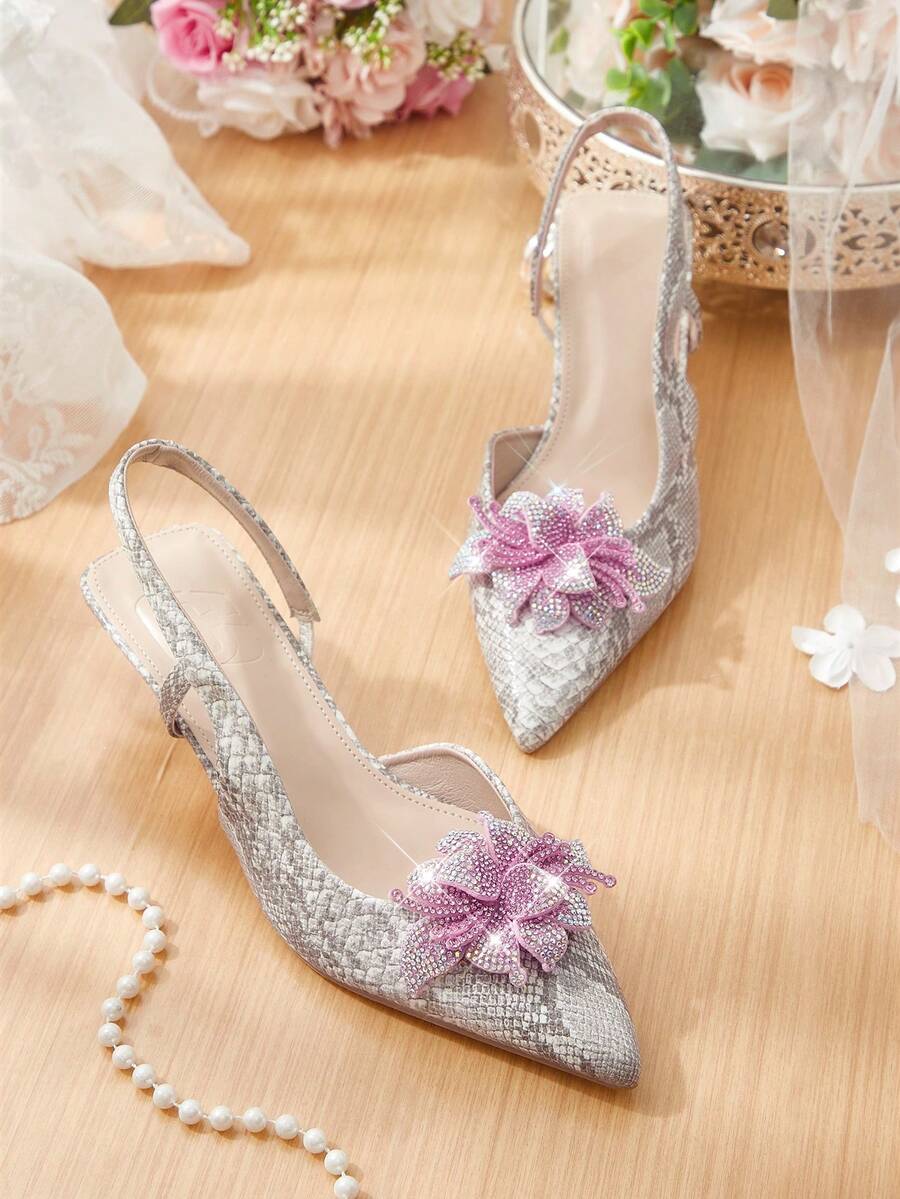 CUCCOO HITCHD Women's Fashionable Elegant Party Crystal Floral Decor Pointed Toe Pumps For Christmas - Black and White - View 1