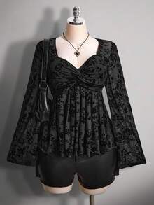 SHEIN ICON 大码女式黑色针织上衣，胸前饰有打结植绒花朵，娃娃衫针织上衣，Y2K风格服装，适合毕业季和返校季的秋季服装，可爱女式上衣，娃娃衫款式。 - 黑色 - 查看 6