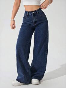 SHEIN ICON Quần jean ống đứng cổ điển giặt sạch cỡ lớn cho nữ - Rửa tối - Xem 4