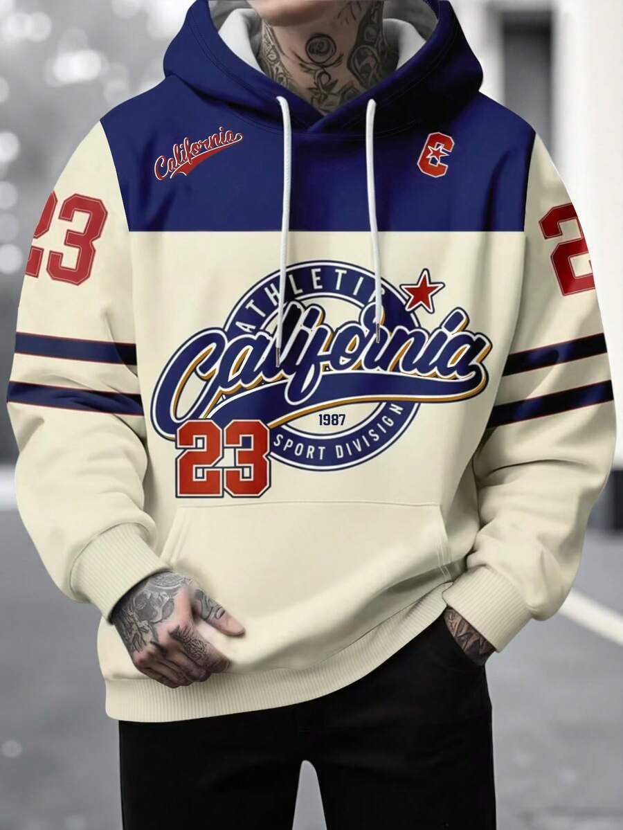 Manfinity Dauomo 男士休闲印花套头卫衣，时尚字母数字设计，适合秋季外出、冬季穿着和街头服饰。