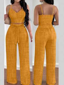 INAWLY 2件套女士夏季休闲吊带背心和抽绳腰阔腿裤套装 - 黃色 - 查看 1