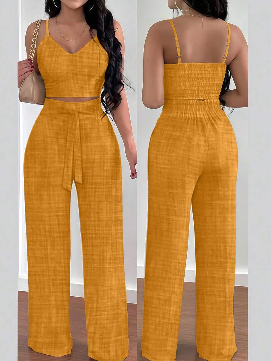 INAWLY 2件套女士夏季休闲吊带背心和抽绳腰阔腿裤套装 - 黃色 - 查看 1