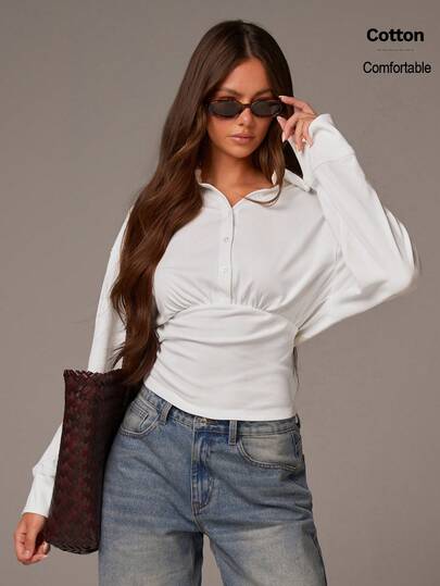 Athîral 女士纯色落肩长袖褶皱休闲衬衫