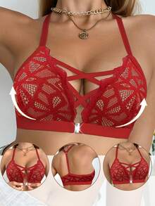 SHEIN Elacene 1 件女士前蕾丝无钢圈文胸 - 紅色 - 查看 4