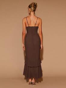 COSMINA 女士优雅荷叶边圆领长连衣裙，适合约会、派对、四季皆宜、情人节等场合，巧克力棕色连衣裙，棕色优雅女士连衣裙，棕色两件套女士连衣裙，咖啡棕色连衣裙，棕色婚礼宾客礼服 - 棕色 - 查看 6