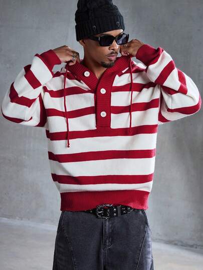 Men's Button Half Placket Drawstring Hooded Striped Contrast Color Retro Sweater
