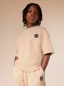SUMWON Oversized Crew Neck Short Sleeve T Shirt And Wide Leg Sweatpants Set With Logo Print For Boys Casual Vacation - Khaki - View 3