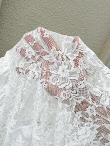 Siren Gaze Siren Gzae Women's White Lace-Trimmed Irregular Hem Tie-Waist Top. Elegant Lace Trim, Fashionable Lace-Trimmed Top, Chic Lace-Trimmed Everyday Top, Valentine's Day Lace-Trimmed Top, Casual Top, Women's Casual Top, Spring/Summer Women's Top, New Year's Party Top. - White - View 8