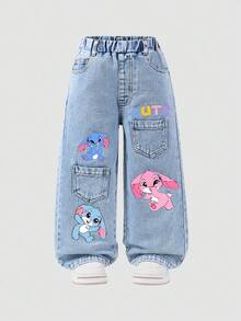 Young Girls Fashion Snowflake Washed Distressed Embroidered Flare Pants - Light Wash - View 2