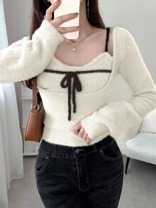 FRIFUL Women's Apricot Solid Color Inner Pocket Sleeveless Jacket, Long Sleeve Contrast Color Black Drawstring Bow Knit Sweater 2-Piece Set, Autumn - White - View 3