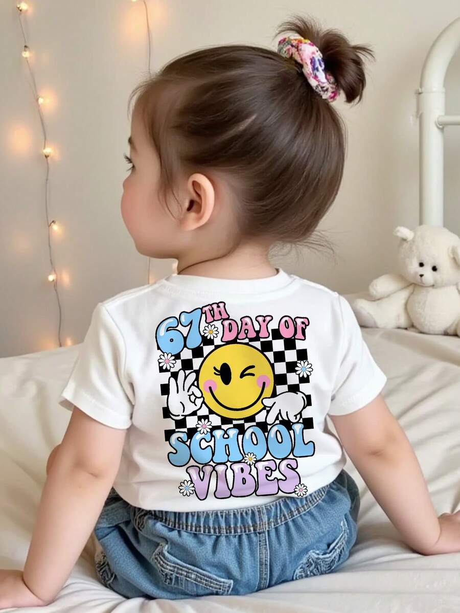 SHEIN Multicolor Fabric Baby Girls T Shirt Regular Length Short Sleeve Round Neck - Multicolor - View 1
