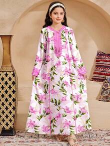 SHEIN Tween Girl Casual Elegant Floral Print Dress, Suitable For Spring/Summer - Multicolor - View 5