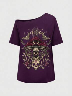 Goth Plus Size Distressed Mushroom Skull Eye Print Single Shoulder T-Shirt