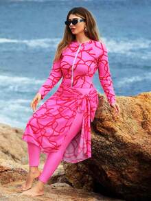 Swim Shayni Set de 3 piezas talla grande: Parte superior con estampado aleatorio y cremallera, pantalones de unicolor y falda larga - Rosa - Ver 6