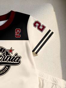 SHEIN Playful Pals 一套男婴休闲时尚学院运动风23号和加州字母印花撞色条纹圆领短袖T恤和短裤套装，适合外出和运动，春夏款 - 彩色 - 查看 4