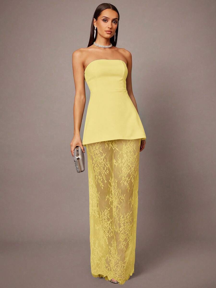 Silquee 2pcs/Set Black Cropped Bustier Top And Lace Hem A-Line Skirt, Suitable For Dates, Graduations, Concerts, Bridesmaid Skirt, Weddings, Romantic Occasions, Minimalist Style, Elegant Outfit For Daily Wear - Yellow - View 1