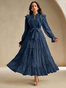 Anewsta Elaire Elegant Floral Lace Layered Ruffle Hem Dress For Women, Suitable For Fall, Winter, Spring, New Year, Party, Wedding, Chic, Stylish, Formal, Work, Thanksgiving, Graduation, Christmas, Festival - Navy Blue - View 4