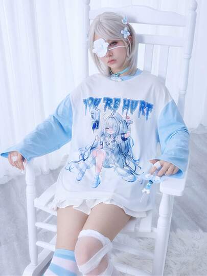 Kawaii Casual Loose Fit Long Sleeve T-Shirt For Women, Japanese Anime Nurse Style