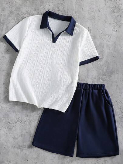 Vacaura 2pcs Teenage Boys Casual Jacquard Textured Crew Neck Polo Shirt & Loose Knit Shorts Set, Comfortable Fabric, Suitable For Spring, Summer, Autumn, Versatile Occasions