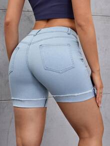 SHEIN Tall 女士休闲百搭通勤牛仔短裤，带口袋和纽扣，做旧设计 - 淺色水洗藍 - 查看 2
