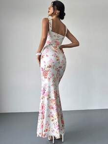 Firerie 女士优雅浪漫时尚通勤性感优雅连衣裙，适合派对、度假、浪漫约会和婚礼生日等场合，花卉印花垂褶领口美人鱼下摆修身长裙