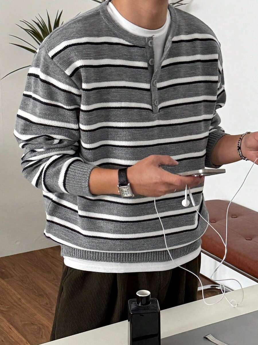 DAZY 男士条纹彩色半拉链圆领毛衣，秋季 - 彩色 - 查看 1