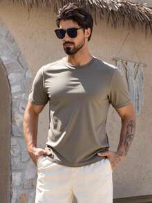 DAZY 男士休闲修身圆领棕色T恤，夏季百搭 - 棕色 - 查看 1