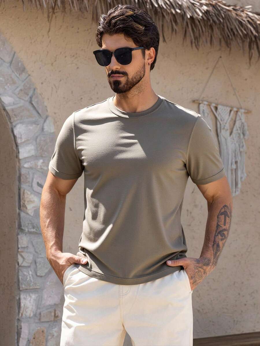 DAZY 男士休闲修身圆领棕色T恤，夏季百搭 - 棕色 - 查看 1