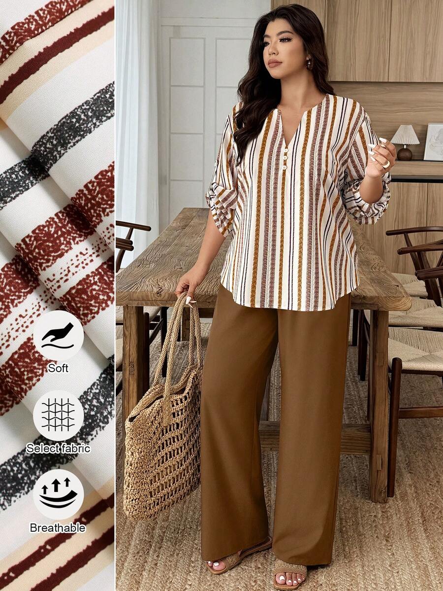 Breezaya 2pcs/Set Plus Size Women Notched Collar Buttoned Sleeve Contrast Color Floral Print Suit Fall - Multicolor - View 1