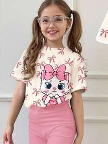 SHEIN 2pcs/Set Young Girl Cute Cartoon Cat&Leopard Bow Print Round Neck Short Sleeve Top&Flare Pants Set,Casual Comfortable Summer School Outfits,Holidays - Multicolor - View 5