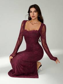 SHEIN Tall Đầm maxi đen ôm sát cơ thể, dài tay, dáng chữ S, chất liệu ren, có gọng nâng ngực, cổ vuông, ôm sát, dành cho nữ, thích hợp cho các buổi tiệc mùa hè, hẹn hò. - Màu tím - Xem 2