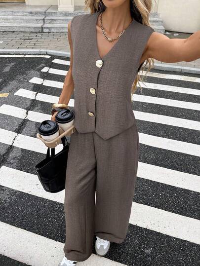 Serisse Women's Metal Single-Breasted Vest And Pants Casual 2 Pieces Set