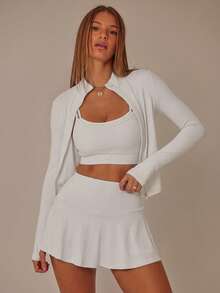 Aralina 休闲拉链长袖上衣和高腰骑行短裤两件套 - 白色 - 查看 5