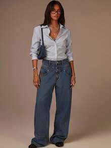 Athîral 女士蓝色条纹长袖衬衫，修身收腰设计，腰部两侧有褶裥，条纹衬衫，长袖衬衫，女士休闲装，女士度假装，条纹长袖衬衫，女士优雅衬衫 - 彩色 - 查看 4