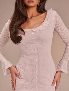 Athîral Women's Casual Pink Ruffle Hem Mid-Length Dress,Women's Casual Pink Ruffled Midi Dress, Knitted Stretch Dress, Fitted Style, Flattering, Ruffled Cuffs And Hem, Center Front Button Design,Pink  Mid-Length Dress,Valentine Clothes,Valentine's Day Outfit,Valentine Dress,Elegant Date Dress - Baby Pink - View 5