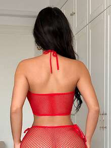 ChaseTheNight 两件套女士性感内衣套装，红色网纱绑带设计，情人节、圣诞节、派对必备。 - 紅色 - 查看 2