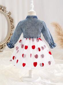 SHEIN Baby Girls' 2 Pieces Outfit, Fashionable & Cute Heart Embroidered Denim Jacket & Matching Piece, Versatile For Spring & Summer - Black - View 2